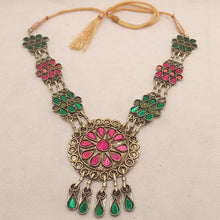 Load image into Gallery viewer, Pink and Green Glass Stones Pendant Necklace, Tribal Kuchi Long Pendant Necklace With Tassels
