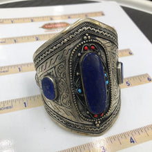Load image into Gallery viewer, Afghan Kuchi Blue Stone Cuff Bracelet With Turquoise and Coral Beads
