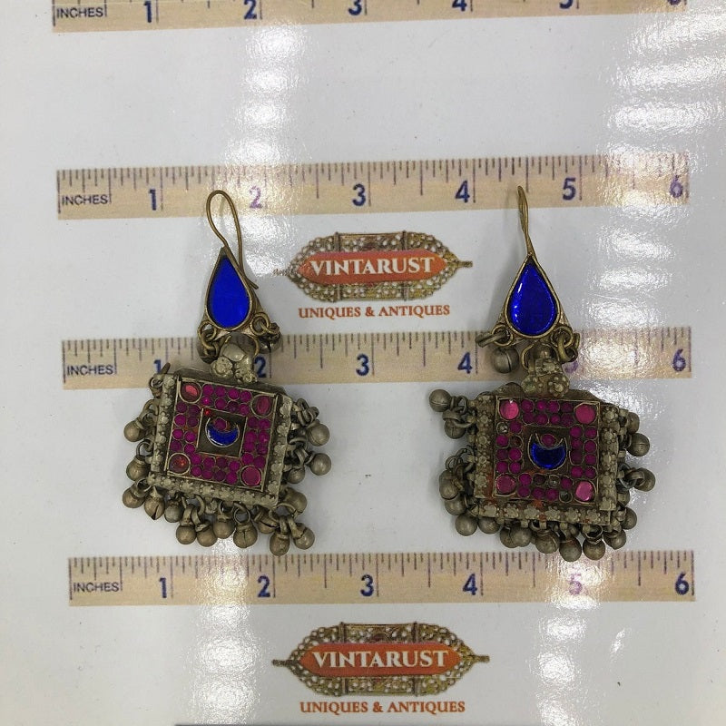 Ethnic Stone Square Shaped Earrings With Small Bells