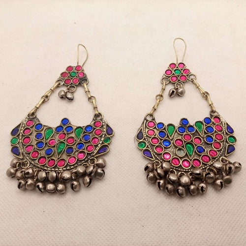 Ethnic Glass Stones Earrings With Dangling Bells