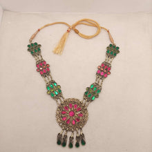Load image into Gallery viewer, Pink and Green Glass Stones Pendant Necklace, Tribal Kuchi Long Pendant Necklace With Tassels
