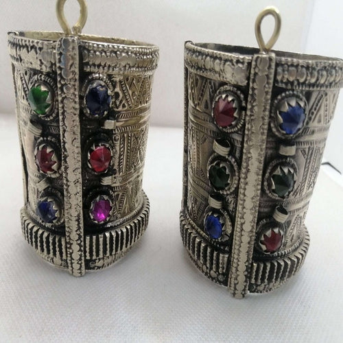 Afghan Vintage Cuff Inlaid With Multicolor Glass Stones
