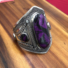 Load image into Gallery viewer, Silver Kuchi Big Purple Stone Tribal Cuff
