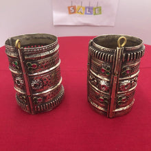 Load image into Gallery viewer, Antique Afghan Cuff Bracelet, Big Tribal Handcuff With Glass Stones
