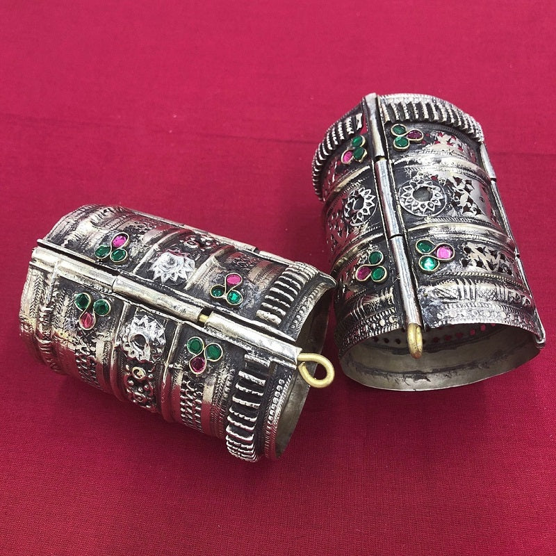 Antique Afghan Cuff Bracelet, Big Tribal Handcuff With Glass Stones