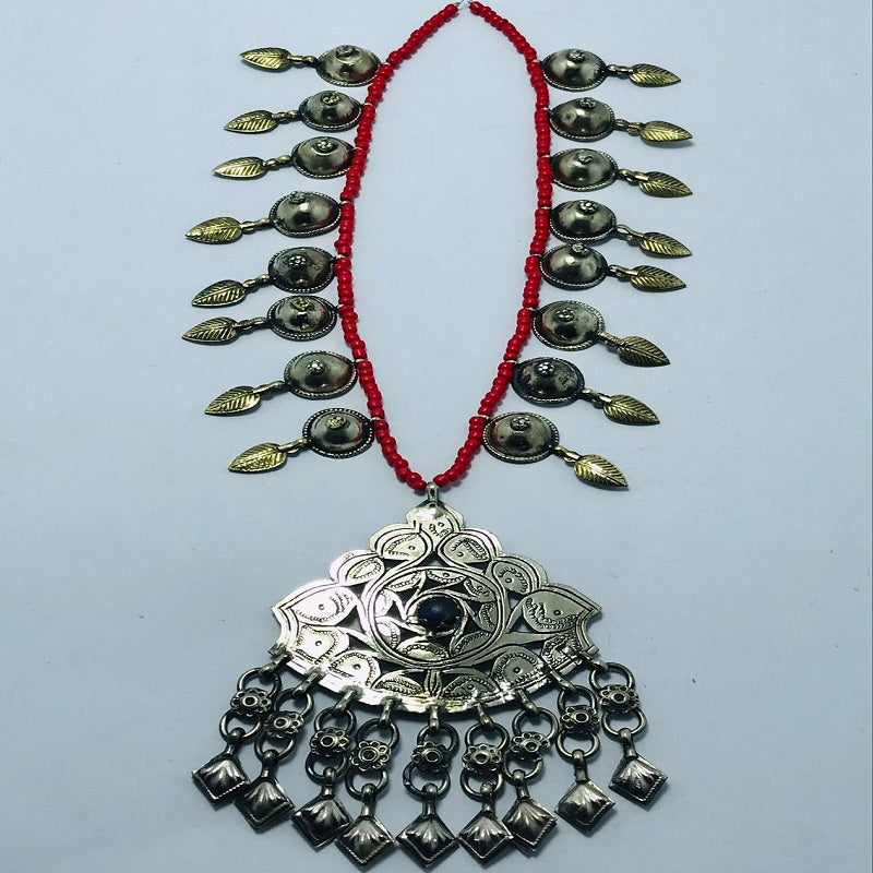Tribal Nomadic Beaded Chain Pendant Embellished With Turkman Buttons