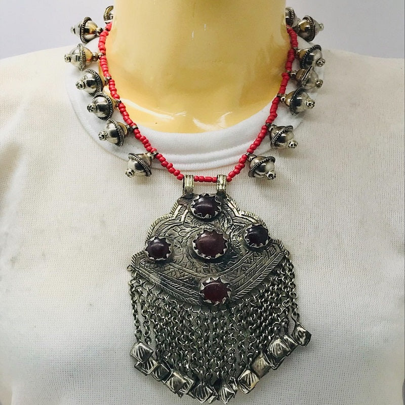Beaded Chain Necklace With Silver Massive Pendant and Turkman Buttons