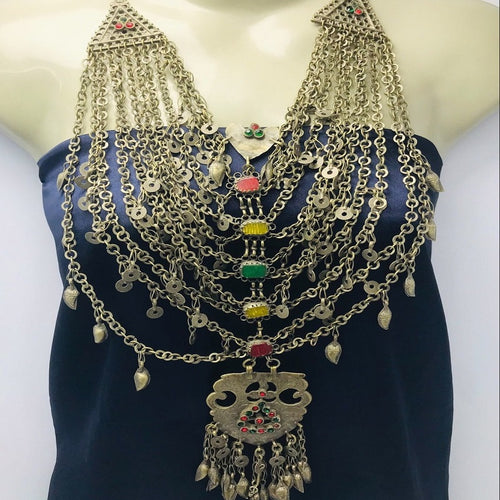 Vintage Multilayers Bib Necklace With Dangling Massive Pendant and Tassels