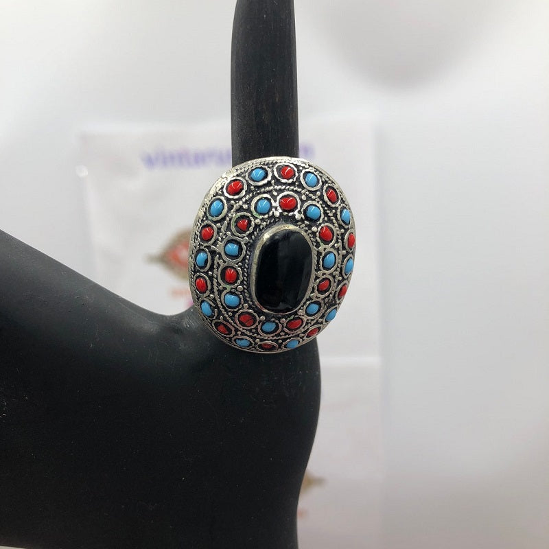 Kuchi Ring with Red and Turquoise Beads
