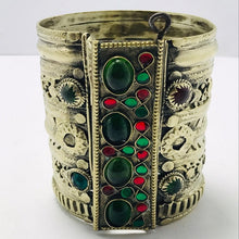 Load image into Gallery viewer, Golden Tribal Cuff Bracelet With Big Glass Stones, Vintage Boho Cuff Bracelet
