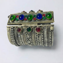 Load image into Gallery viewer, Vintage Cuff Bracelet With Green and Blue Glass Stones, Vintage Wide Big Bohemian Handcuff, Vintage Tribal Jewelry, Valentine Gift
