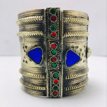 Load image into Gallery viewer, Tribal Cuff, Vintage Kuchi Cuff Bracelet With Blue Glass Stones, Gypsy Cuff Bracelet
