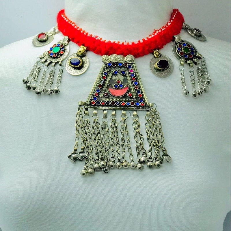 Red Kuchi Choker Necklace With Massive Pendant, Vintage Bells Choker Necklace