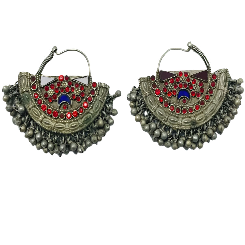 Vintage Kuchi Red and Blue Earrings, Handmade Vintage Hoop Earrings, Afghan Chandbali Earrings