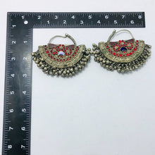 Load image into Gallery viewer, Vintage Kuchi Red and Blue Earrings, Handmade Vintage Hoop Earrings, Afghan Chandbali Earrings

