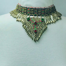 Load image into Gallery viewer, Antique Tribal Choker Necklace With Red and Green Glass Stones
