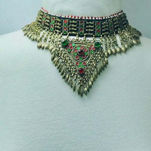 Antique Tribal Choker Necklace With Red and Green Glass Stones