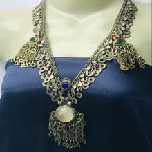 Load image into Gallery viewer, Silver Kuchi Tassels Pendant Necklace With Glass Stones, Ethnic Handmade Tribal Necklace
