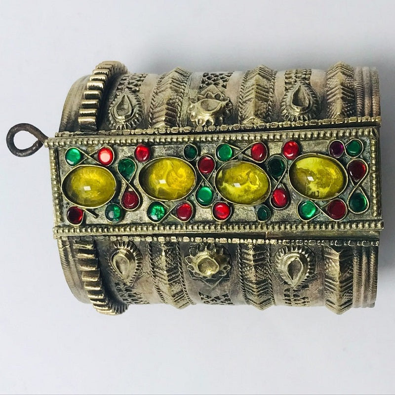 Golden Tribal Cuff Bracelet With Big Glass Stones, Vintage Boho Cuff Bracelet