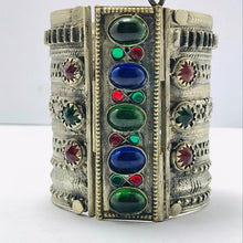 Load image into Gallery viewer, Vintage Cuff Bracelet With Green and Blue Glass Stones, Vintage Wide Big Bohemian Handcuff, Vintage Tribal Jewelry, Valentine Gift
