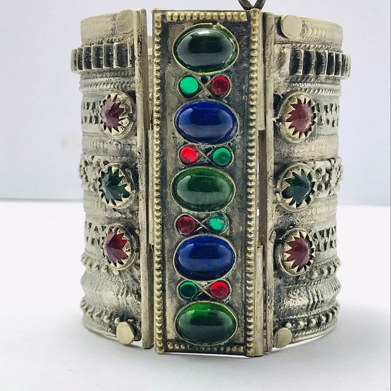 Vintage Cuff Bracelet With Green and Blue Glass Stones, Vintage Wide Big Bohemian Handcuff, Vintage Tribal Jewelry, Valentine Gift