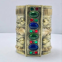 Load image into Gallery viewer, Vintage Cuff Bracelet With Green and Blue Glass Stones, Vintage Wide Big Bohemian Handcuff, Vintage Tribal Jewelry, Valentine Gift
