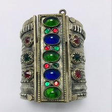 Load image into Gallery viewer, Vintage Cuff Bracelet With Green and Blue Glass Stones, Vintage Wide Big Bohemian Handcuff, Vintage Tribal Jewelry, Valentine Gift
