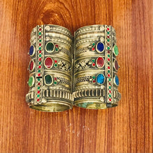 Load image into Gallery viewer, Big Massive Gypsy Vintage Cuff Bracelet With Multicolor Glass Stones, Handmade Vintage Bracelets
