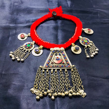 Load image into Gallery viewer, Red Kuchi Choker Necklace With Massive Pendant, Vintage Bells Choker Necklace
