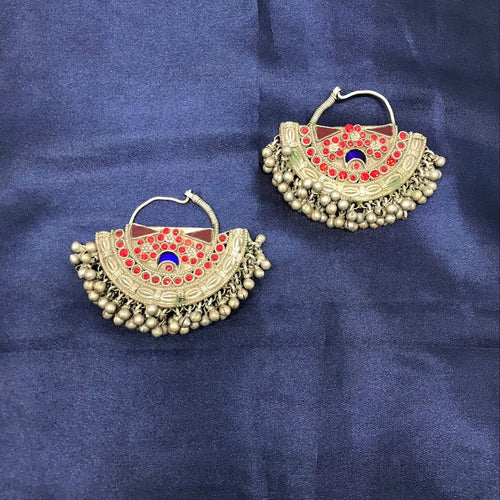 Vintage Kuchi Red and Blue Earrings, Handmade Vintage Hoop Earrings, Afghan Chandbali Earrings