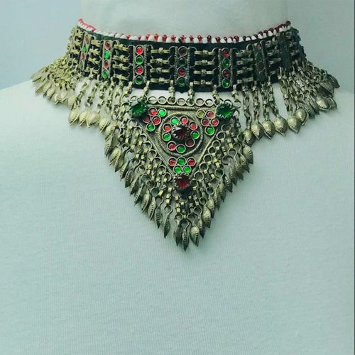 Antique Tribal Choker Necklace With Red and Green Glass Stones