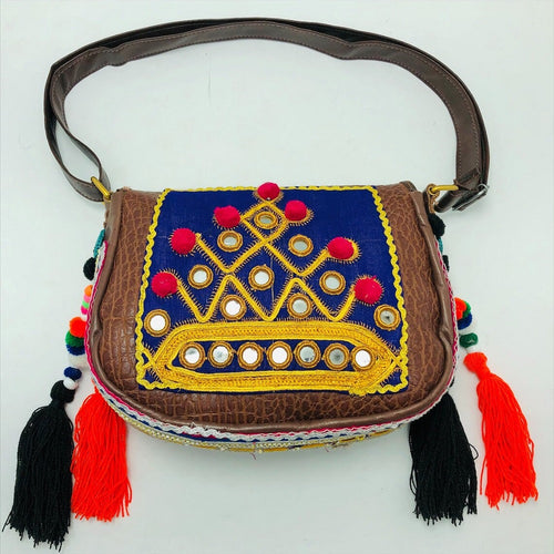Ethnic Handmade Cross Bag Embellished With Laces, Coins and Beads