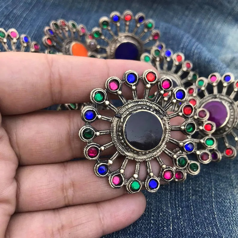 Afghan Ring, Tribal Ring With Multicolor Glass Stones