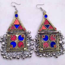 Load image into Gallery viewer, Tribal Dangle with Red and Blue Glass Stones Earrings
