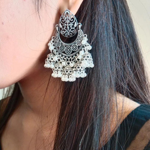 Ethnic Handmade Silver Tone Earrings With Pearls