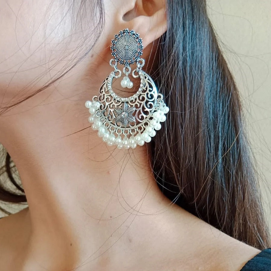 Ethnic Handmade Silver Tone Earrings With Pearls