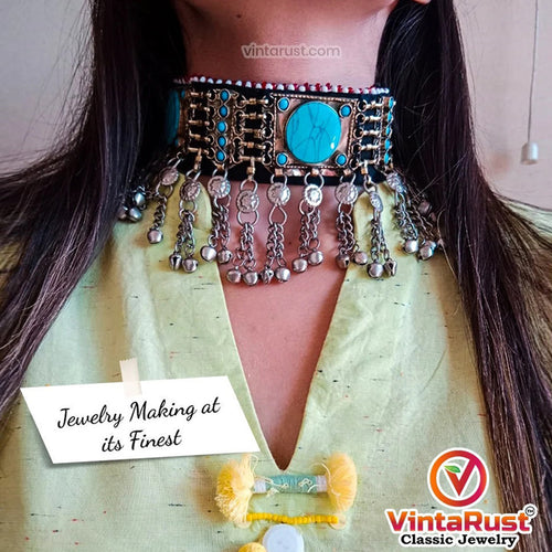 Tribal Ethnic Choker Necklace with Stones and Silver Bells