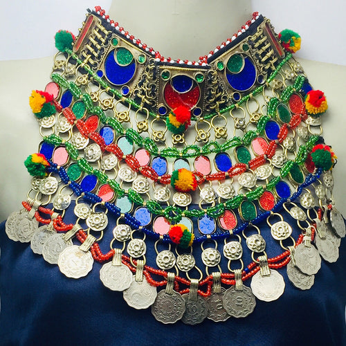 Kuchi Tribal Choker With Dangling Multicolor Stones and Coins