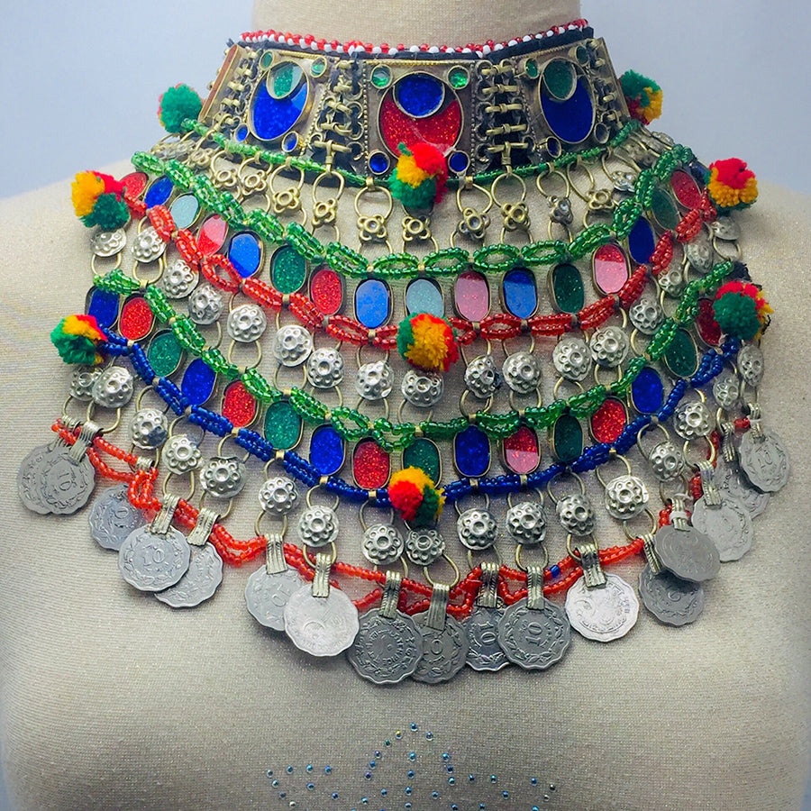 Kuchi Choker With Dangling Multicolor Stones and Coins