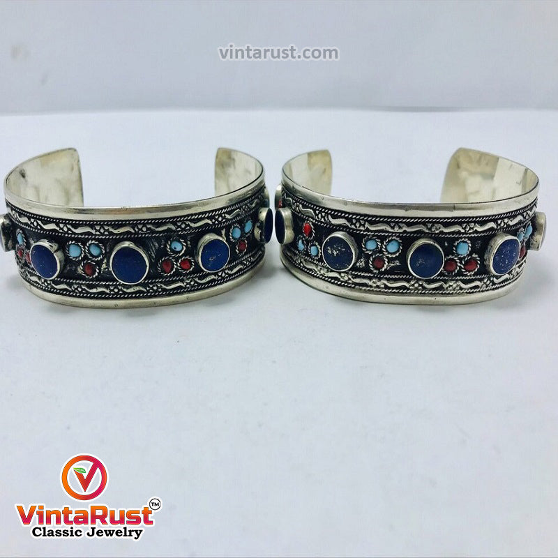 Kuchi Lapis Stone Cuff With Turquoise and Coral Beads