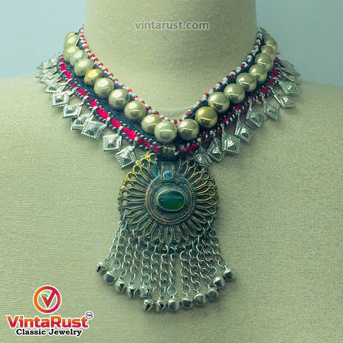 Tribal Turkmen Style Necklace With Dangling Tassels and Bells