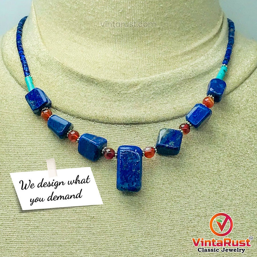 Lapis Lazuli Stone Necklace With Beaded Chain
