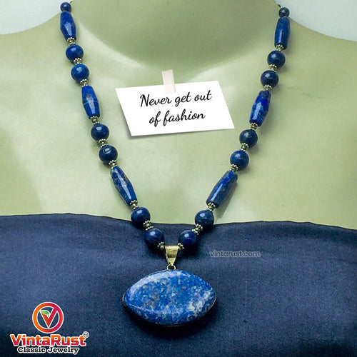 Beaded Chain Lapis Lazuli Stone Pendant Necklace