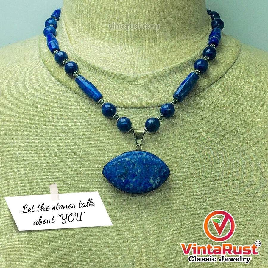 Beaded Chain Lapis Lazuli Stone Pendant Necklace