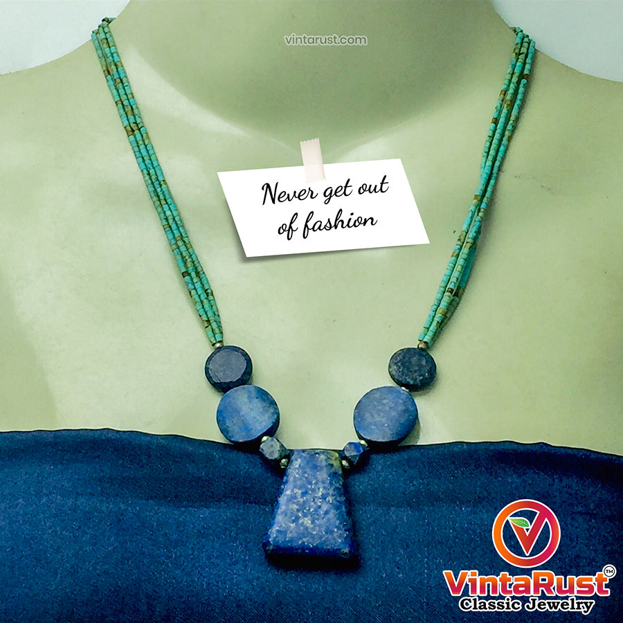 Vintage Lapis Stone Necklace With Turquoise Beaded Layered Chain