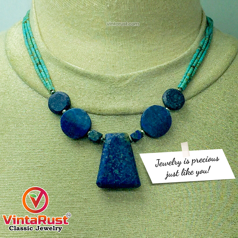 Vintage Lapis Stone Necklace With Turquoise Beaded Chain