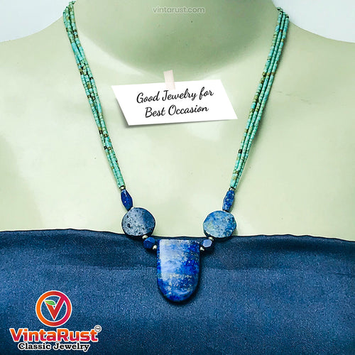 Lapis Stone Necklace With Turquoise Beaded Chain