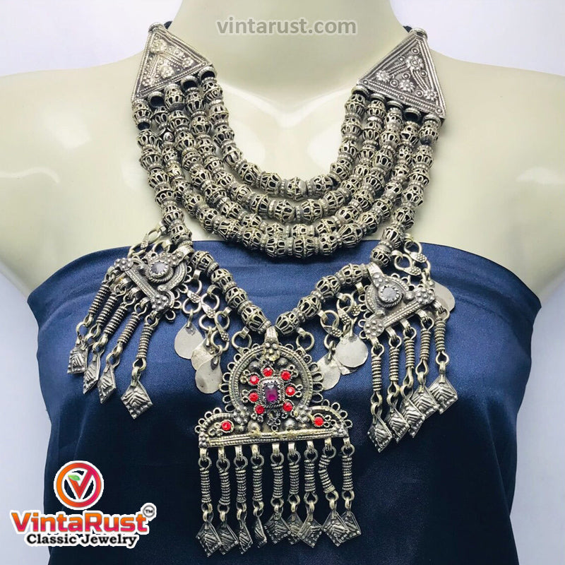 Massive Choker Necklace With Three Dangling Pendants