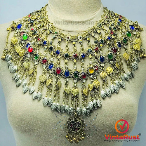 Massive Vintage Choker Necklace With Multicolor Glass Stones
