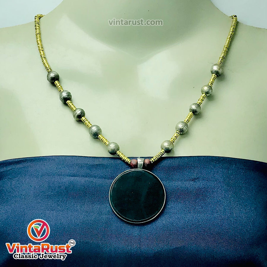 Metal And Wooden Beaded Chain Pendant Necklace